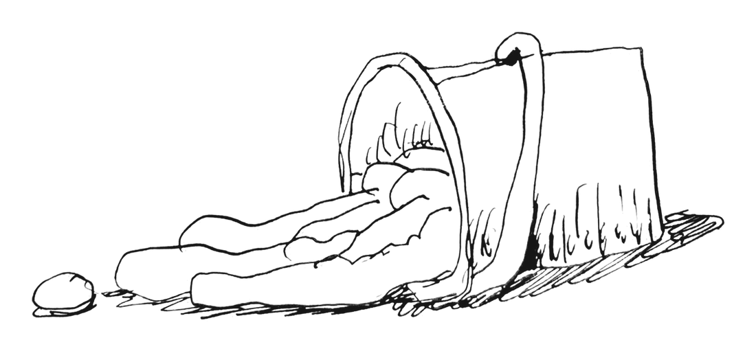 A tipped bucket of gesso glugging out across the floor — pen drawing