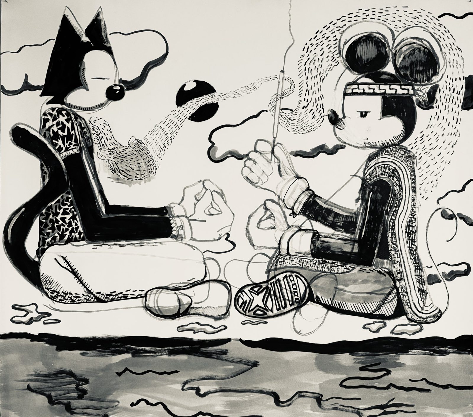 Bal and Death seated cross-legged by the water, sharing long pipes, smoke filling the sky — large ink and wash drawing