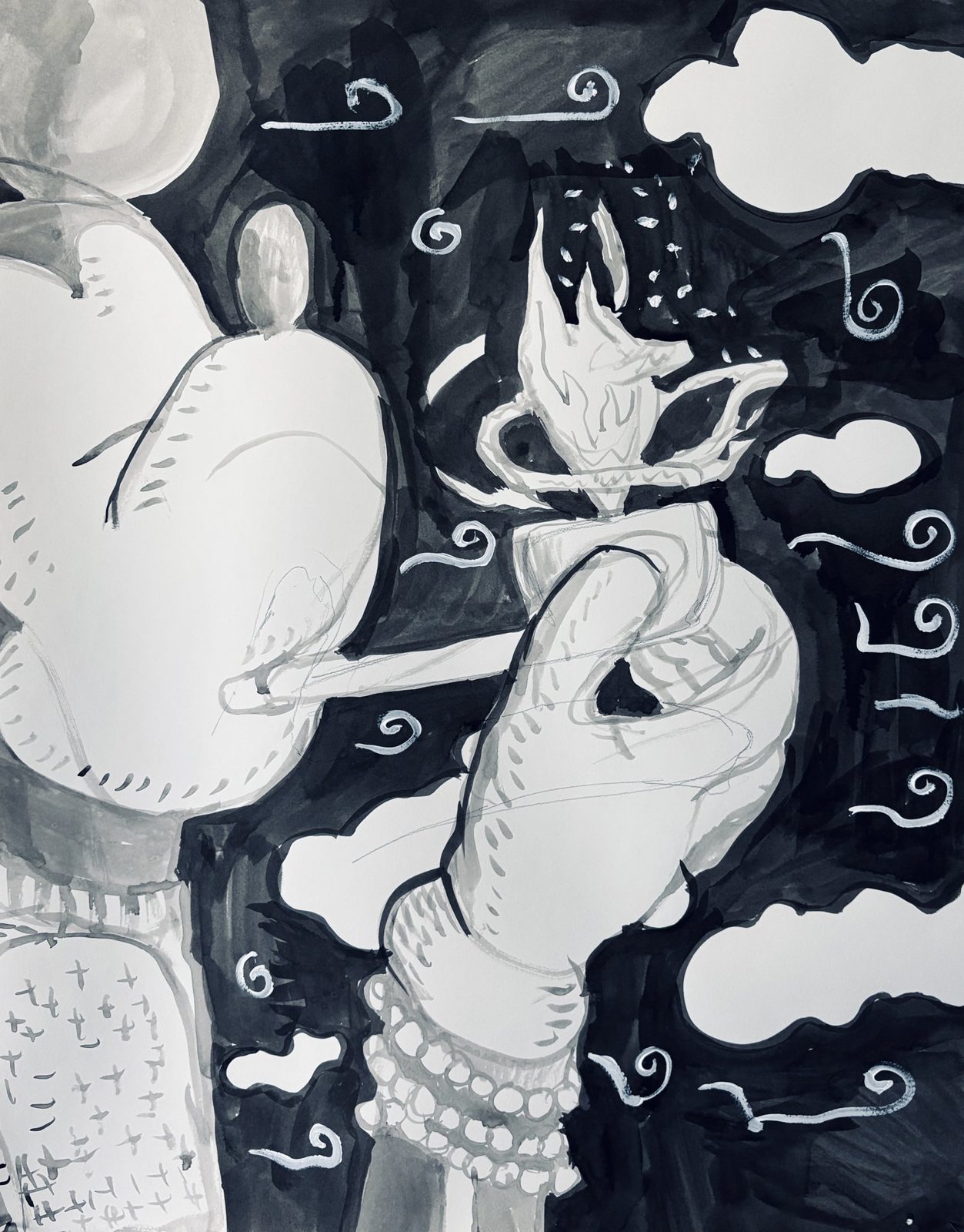 A black nocturne — a flame-headed imp huddled among white clouds, crosses and pearls in the dark