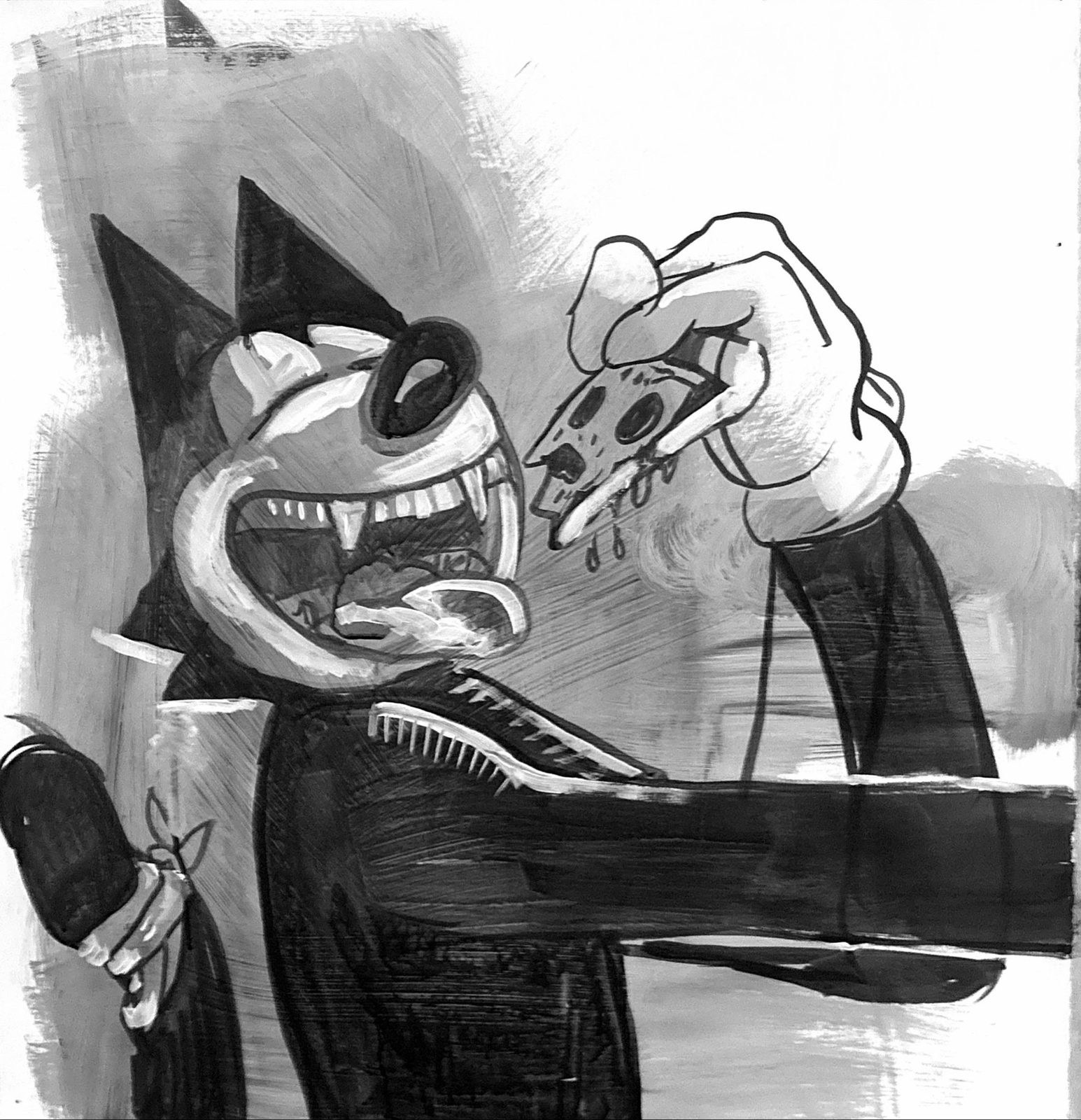 Death gleefully dangling a small dripping creature into his open mouth
