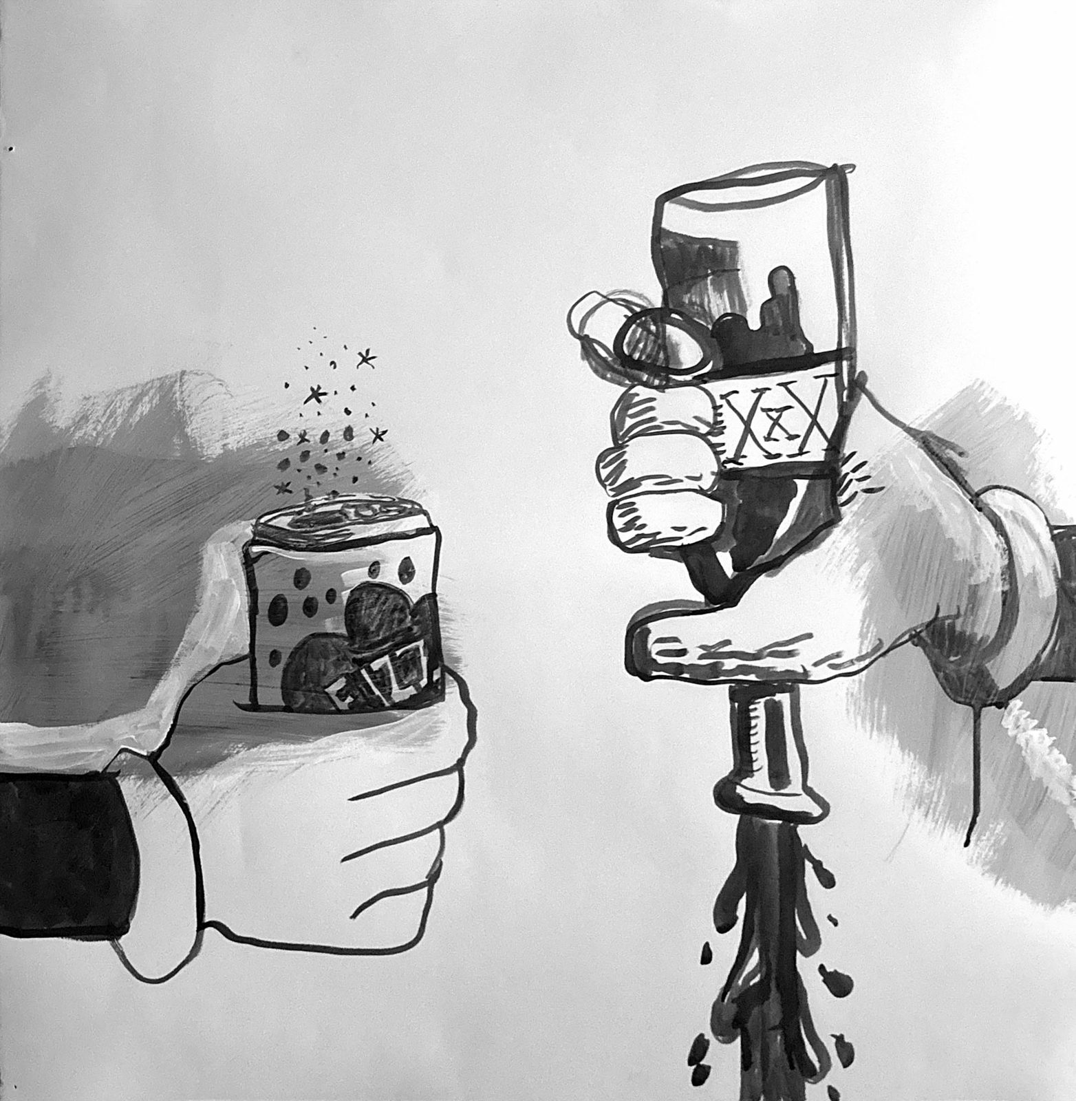 Two gloved hands facing off — one offers a starry soda can, the other clutches a dripping XXX jug