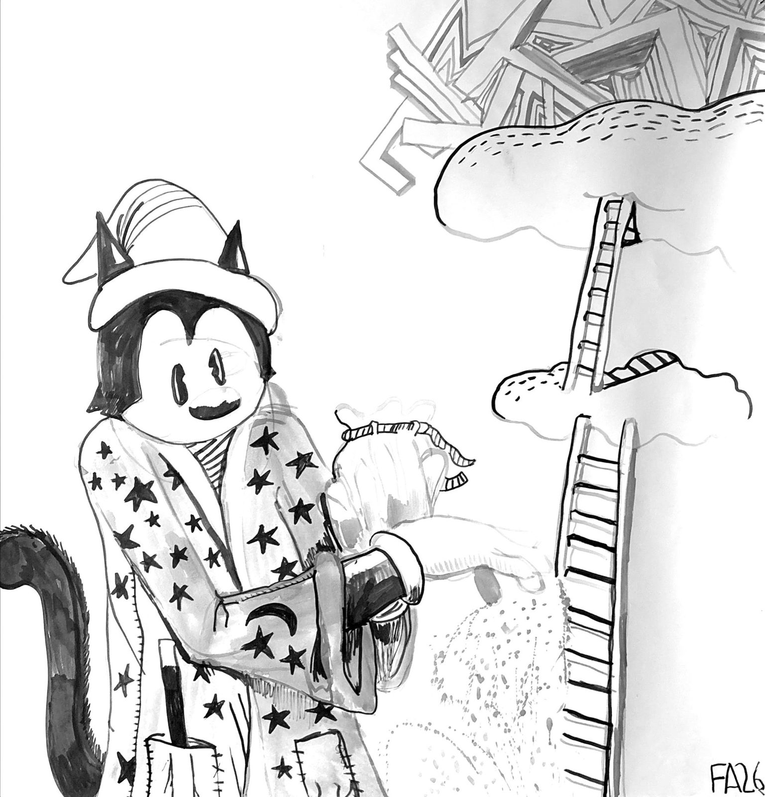 A robed figure in stars and moons holding a tied sack, ladders climbing through clouds toward geometric wreckage