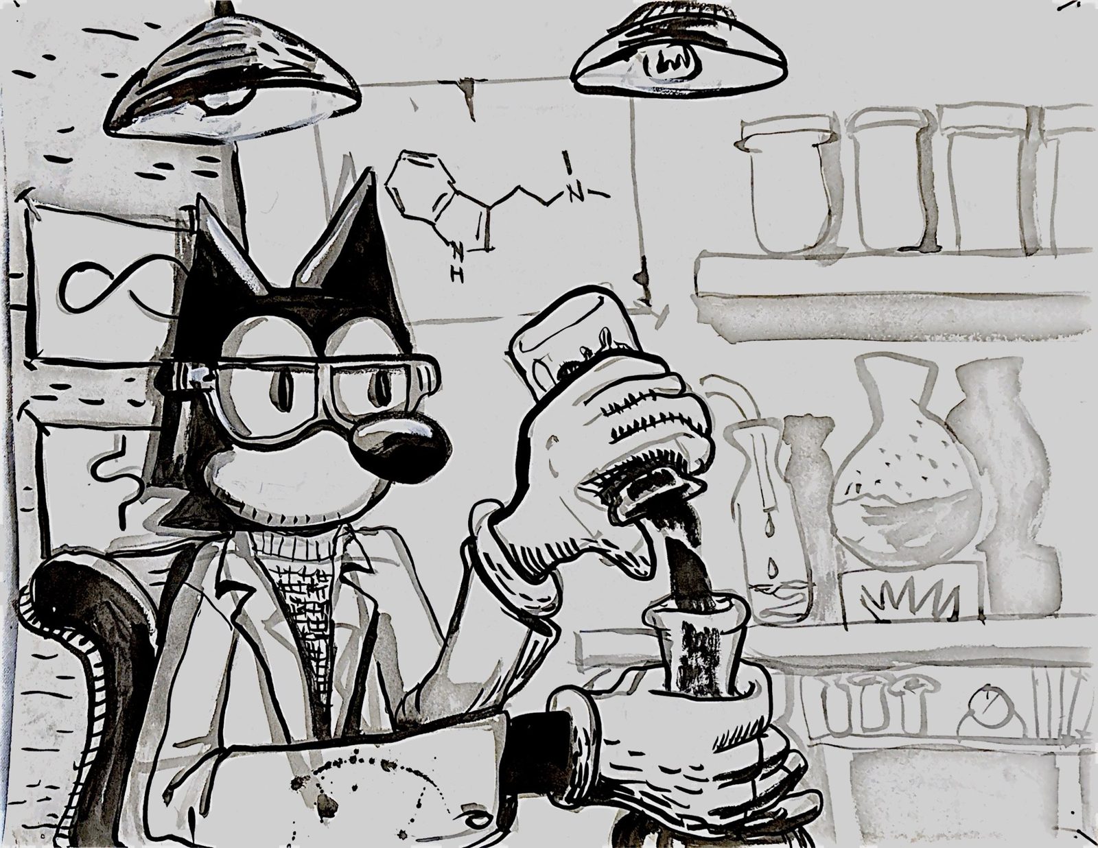Death in safety glasses working a mortar and pestle beneath a hand-drawn DMT structural formula
