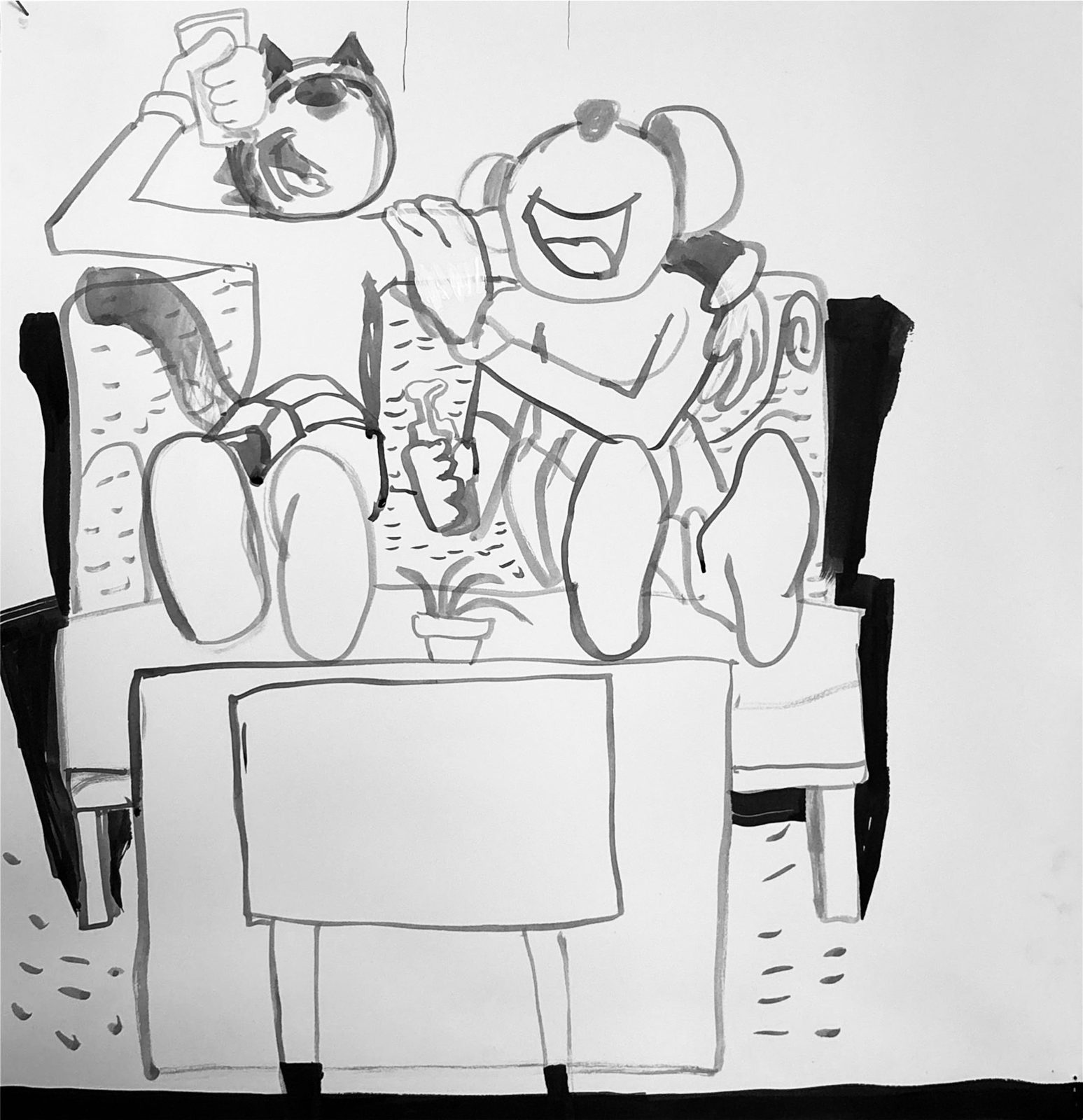 Two figures sprawled in armchairs, feet up on the table, drinks raised, mid-laugh