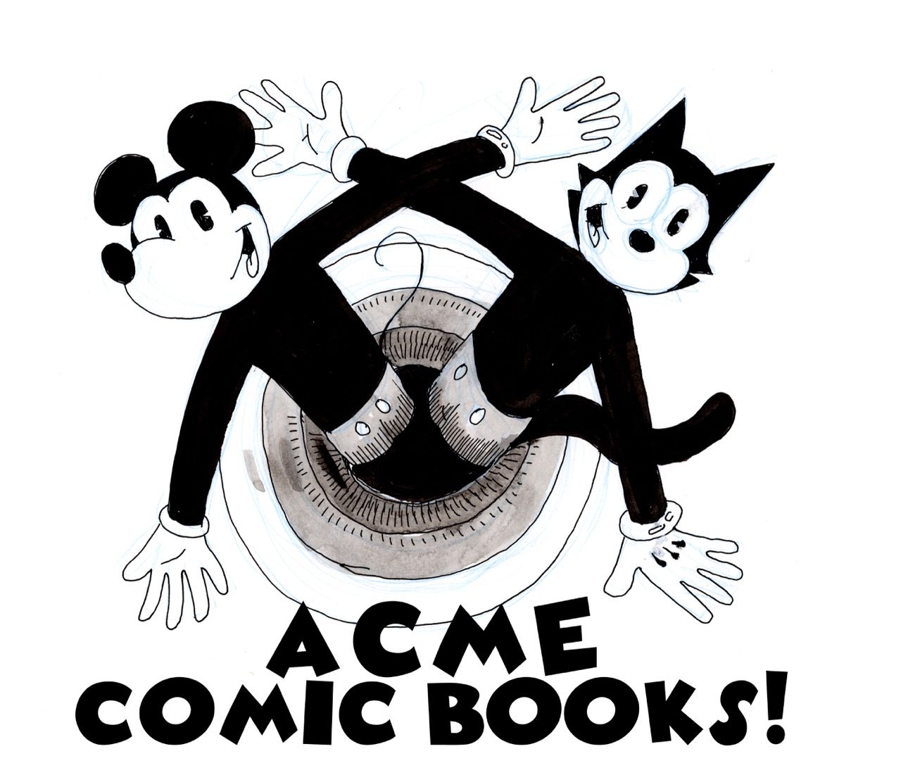 Mickey Mouse and Felix the Cat tumbling headfirst into a portal, above the words ACME COMIC BOOKS!