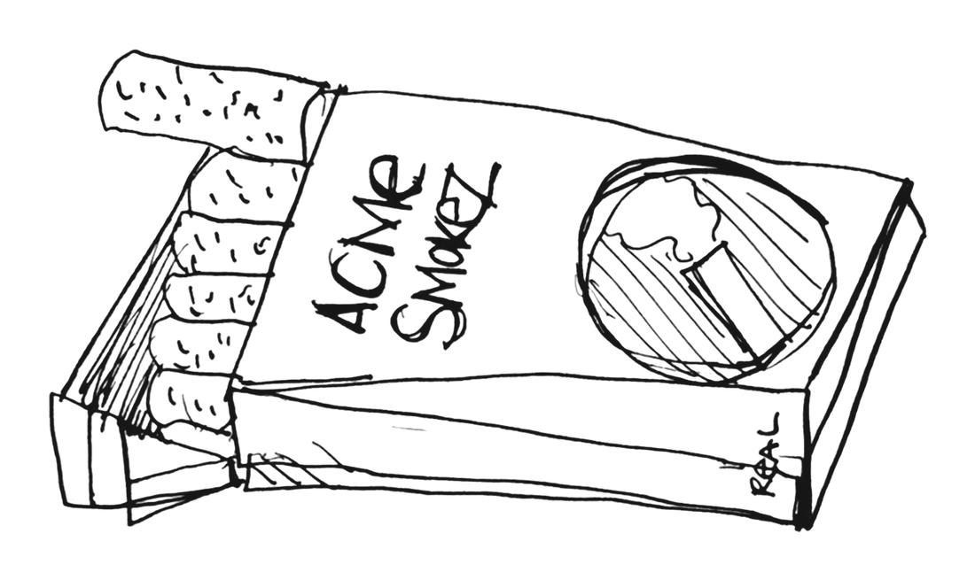 An open pack of ACME SMOKEZ, one lumpy cigarette half out, REAL written on the side — pen drawing