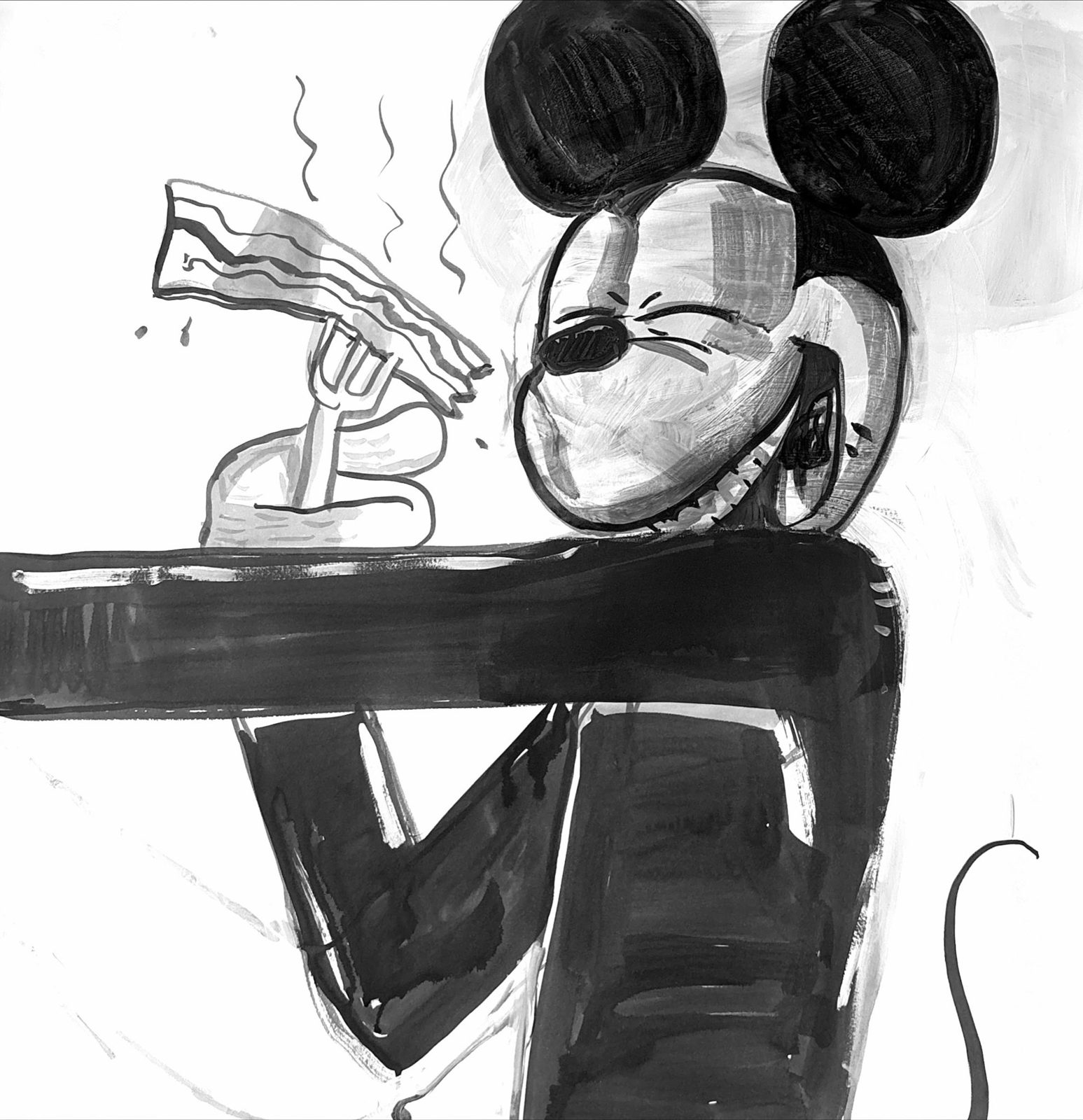 Bal eating bacon off a fork, eyes squeezed shut in bliss