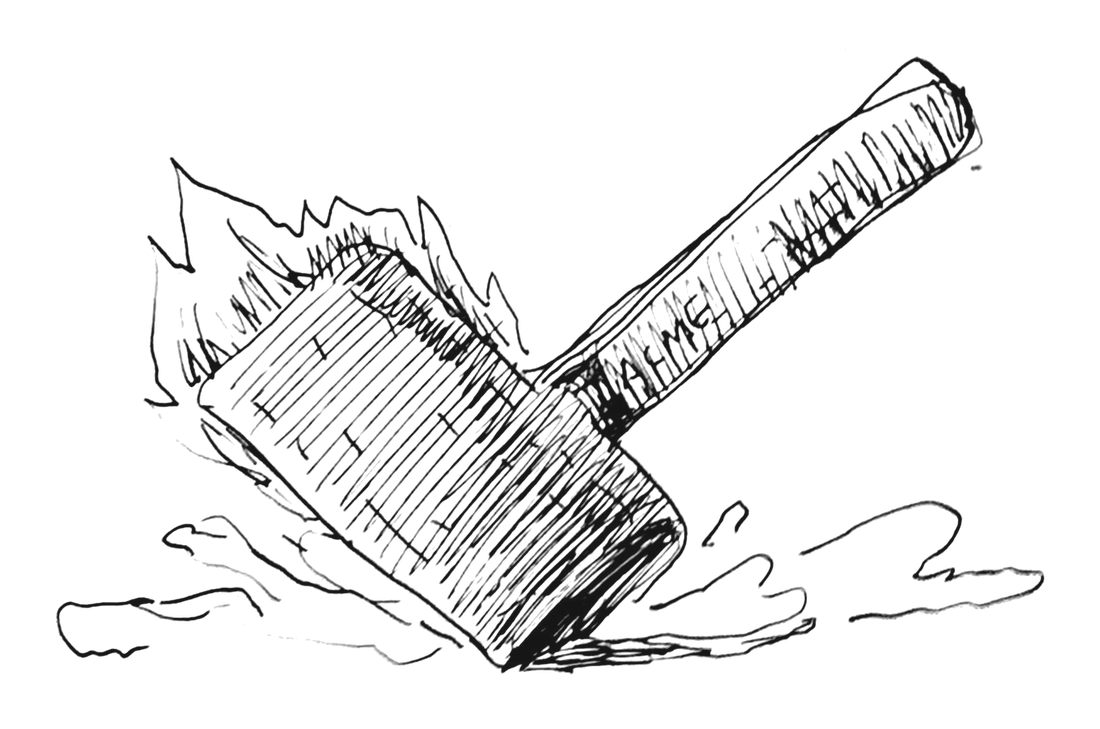 A wooden mallet with ACME down the handle, on fire, mid-smash — pen drawing